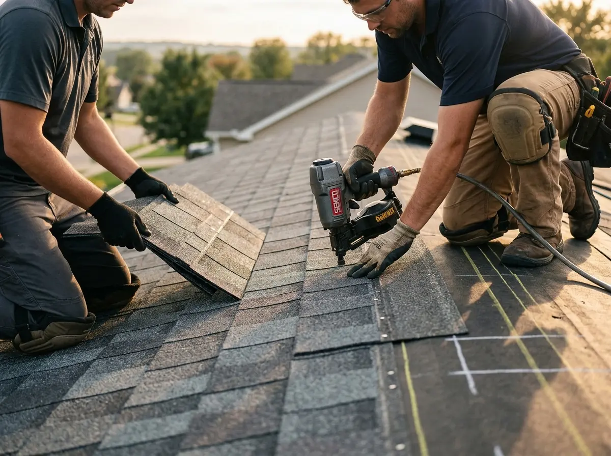 Professional roofer working on a residential roof in Tewksbury